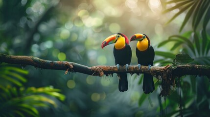 Enchanting tropical scene with two toucans perched on branch in lush green jungle, sunlight filtering through foliage. Exotic wildlife, nature beauty. Copy space