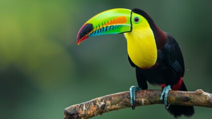 Obraz premium Colorful toucan perched on branch in tropical forest, showcasing vibrant beak & lush green background, emphasizing exotic wildlife. Copy space.