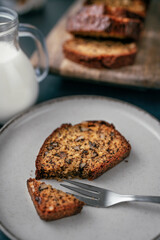 Beautiful homemade sweet bread at rustic table.
