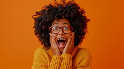 Woman Astonished Against Orange Background