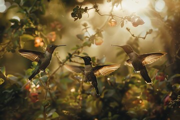 Obraz premium Three hummingbirds in motion captured during sunset among lush foliage and blossoms, with warm golden light filtering through the trees.