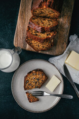 Beautiful homemade sweet bread at rustic table.