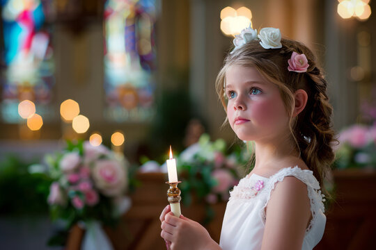 Young Girl Holding Candle in Church During First Communion Ceremony