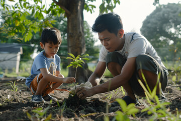 Father and son planting a tree together, celebrating Fathers Day, and spending quality time together. Illustrates the concept of family bonding and environmental responsibility.