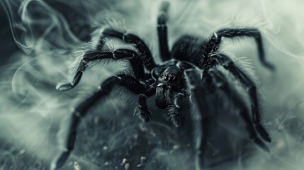 Creepy Black Spider - Arachnophobia Concept - Mist, smoke, fog
