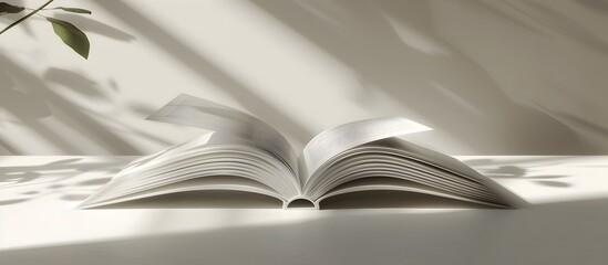 Open Book Lying on Plain Surface with Soft Shadows Creating Serene and Contemplative Atmosphere for Book related Websites and Promotional Material
