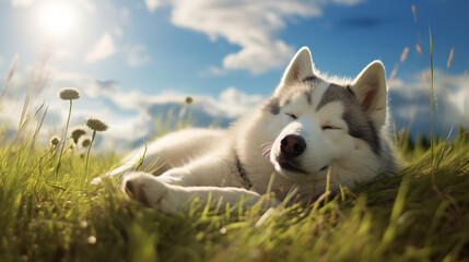 An old Siberian Husky stretched out on a soft grassy meadow, enjoying a blissful slumber beneath the open sky.