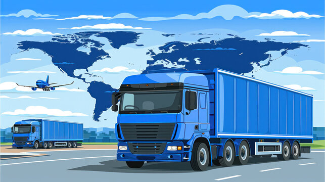 A blue semi truck is driving down a road next to a blue airplane. The truck is carrying a large cargo container