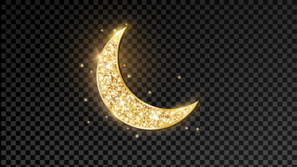 Golden shiny glitter crescent. Half moon symbol. Night sky background. Traditional islamic decoration. Ramadan or Al-adha design elements. Transparent background can be removed in vector file.