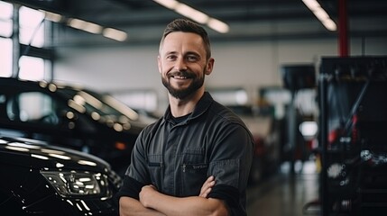 A cheerful, smiling Caucasian car mechanic in a uniform looks at the camera while in a car dealership against the backdrop of cars. repair work at a car service center