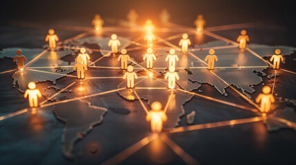 A group of people are connected to each other in a network. The people are scattered all over the world, with some in the middle of the map and others near the edges. The network is illuminated