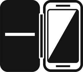 Smartphone and case icon in black and white vector graphic illustration for mobile device protection technology. Minimalist digital gadget and tech safety