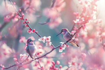 Obraz premium Two hummingbirds perched on blooming branches in a pastel-colored springtime setting, surrounded by delicate pink flowers and soft light.