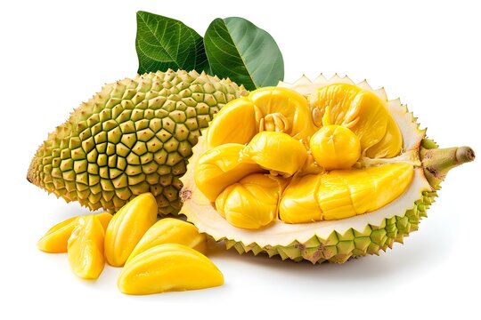 Fresh jackfruit isolated on white, whole sliced fruit visible seeds and pulp