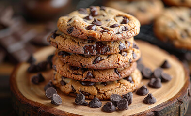 Fototapeta premium Chocolate chip cookies on wooden plate