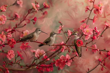 Three hummingbirds perched on vibrant pink cherry blossom branches, creating a stunning contrast against a soft, dreamy background.