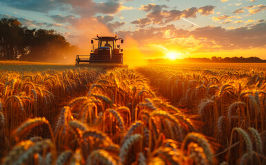 Fototapeta premium Combine harvester working in wheat field at sunset. Golden Harvest