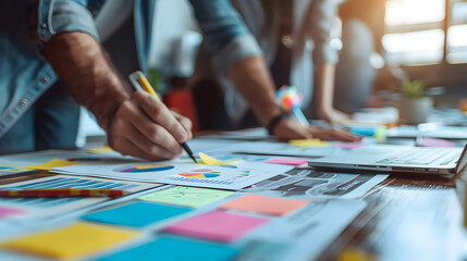 Fototapeta premium Photo realistic concept of employees collaborating on developing a marketing plan during a workshop, emphasizing strategy, creativity, and teamwork in a productive environment