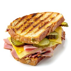 Cubano sandwich with roasted pork, ham, Swiss cheese, pickles, and mustard on pressed Cuban bread, white background