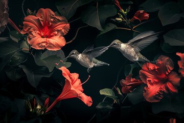 Obraz premium Two hummingbirds hover near vibrant red flowers amidst dark foliage, capturing a delicate and serene moment in nature.