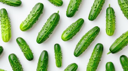 Cucumbers creative pattern isolated on white background. Top view and flat lay