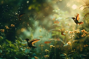 Obraz premium Enchanted forest with hummingbirds and sunlight. Perfect nature and wildlife background with lush greenery and delicate flowers.