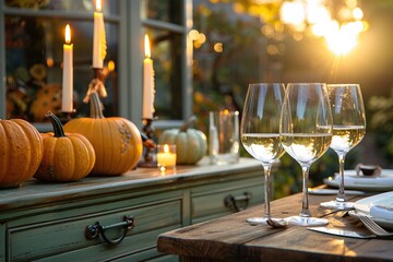 a festive table set with white plates, silver forks, and white wine glasses, adorned with orange pumpkins and lit candles, set against a backdrop of a large glass window and