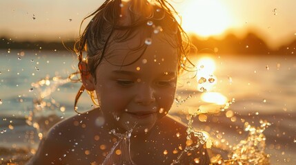 A young girl is happily swimming in the liquid landscape of the ocean at sunset, enjoying the fluid motions and reflections on the waters surface AIG50