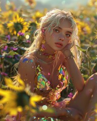A dreamy image of a blonde woman sitting amongst sunflowers, with a soft, golden-hour light illuminating her