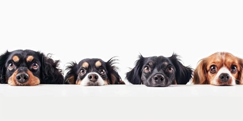 Cute different dogs peeking on isolated white backgrounds, with copy space, blank for text ads, and graphic design.