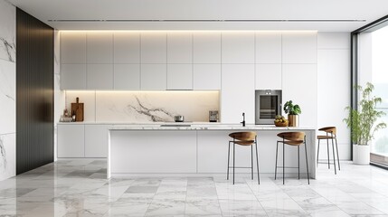 A Modern White Kitchen Counter With A Dining Counter And Chairs.