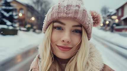 Beautiful blonde woman selfie perspective winter background street