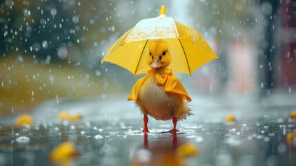Cute duckling with yellow rain coat and umbrella in a wet street