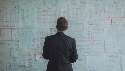 A man in a suit stands in front of a white board covered in graphs and charts