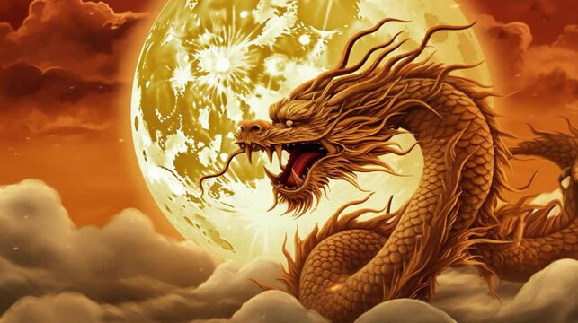 a golden dragon flying over the yellow golden full moon, red sky with clouds, lunar year, chinese, for postcard