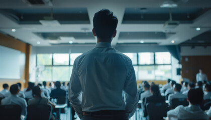 A man stands in front of a crowd of people in a conference room