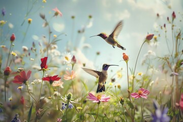 Obraz premium Two vibrant hummingbirds fluttering over a colorful flower garden, bathed in soft sunlight under a clear blue sky.