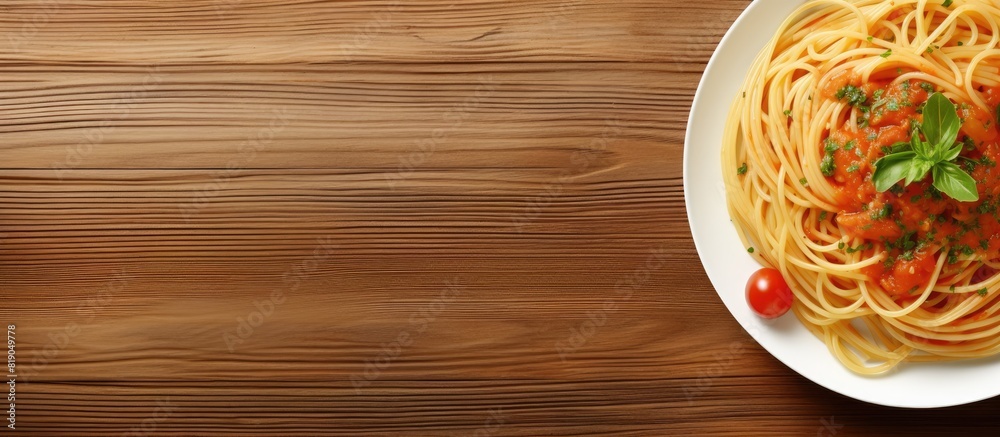 Poster spaghetti with tomato sauce in a white dish on wooden floor background and have copy space in concep