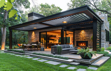 Modern house with patio fireplace and covered outdoor living room.