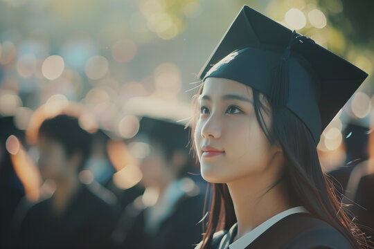 Cinematic photo of Asian students wearing black graduation caps and gowns at the university campus outdoors