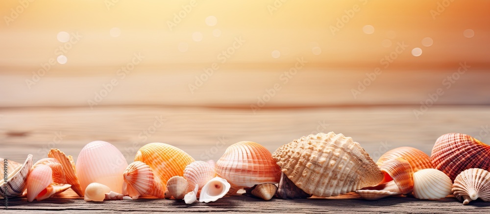 Poster little shells on a wooden background seashells. copy space available