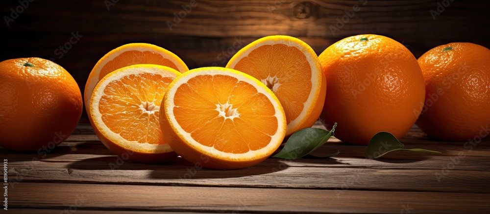 Poster fresh and juicy orange slices along with a whole half of an orange are placed on a dark brown wooden