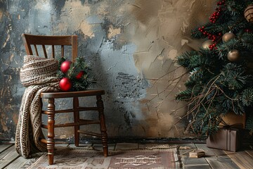 A wooden chair sitting next to a christmas tree