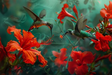 Obraz premium Stunning image of two hummingbirds feeding on vibrant red flowers amidst a lush green background, showcasing the beauty of nature and wildlife.