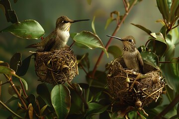 Obraz premium Two hummingbirds perched in their nests amid green foliage, showcasing the beauty of nature and wildlife in a serene setting.