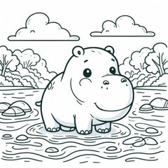 Adorable Hippopotamus Family Coloring Page for Kids