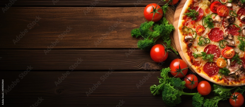 Poster pizza on the board colored background with vegetables and garlic. copy space available