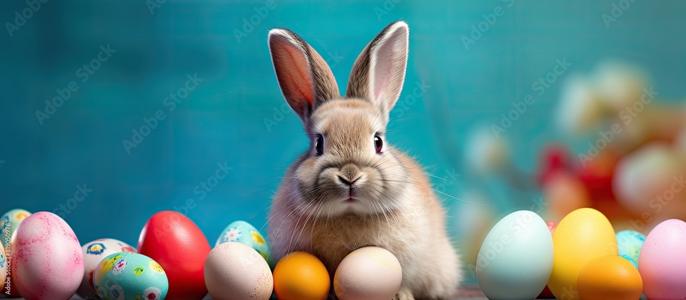 Aufkleber Colorful Easter themed composition with a charming bunny and eggs set against a vibrant background creating an appealing copy space image
