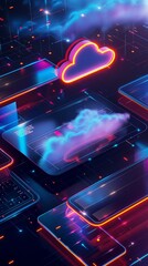 Vertical Image Of A Collection Of Electronic Devices Connected To A Cloud Network. 