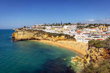 View from the sandstone sea cliffs of Carvoeiro, a picturesque and traditional Portuguese resort...